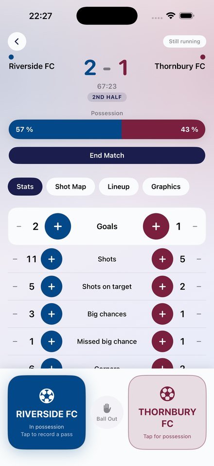 The live match recorder, with a running clock and a stat counter for each team.