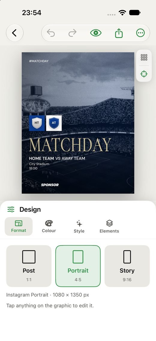 The editor, with a matchday design open and format, colour and style controls.