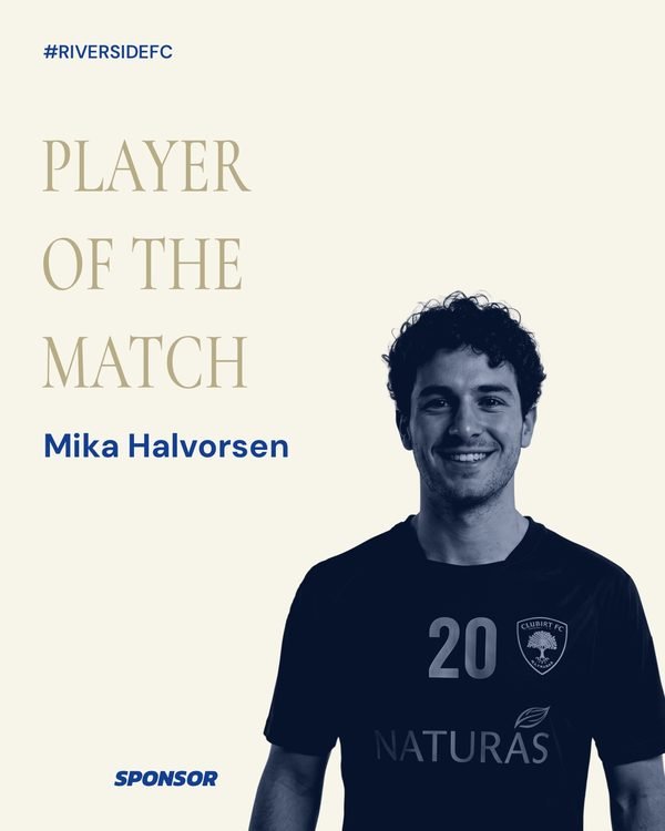 A player of the match card with a cut-out player on a cream ground.